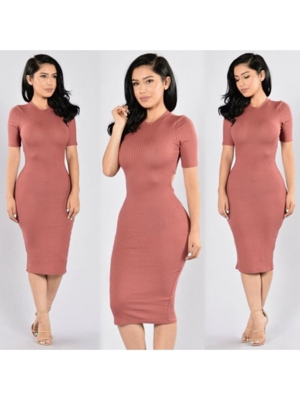 Fashion Nova Mauve Midi Dress Size Small Ribbed High Neck Half Sleeve Bodycon